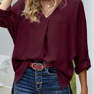 Women's V-Neck Long Sleeve Blouse in Burgundy